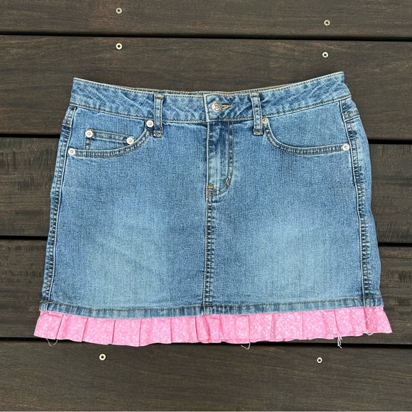 Vintage Y2K Angels Mini Denim Skirt w/ Pink Ruffle Trim - Picture 1 of 7